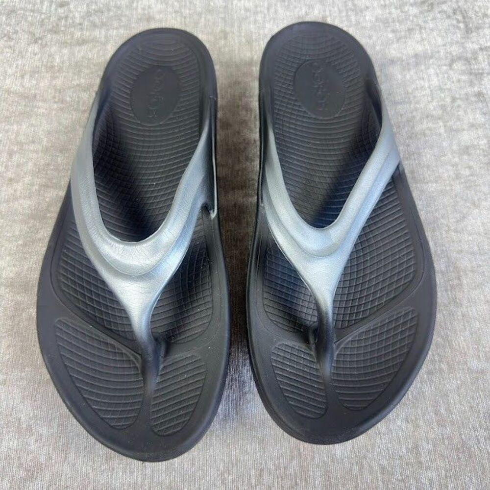 Oofos Women's Black Grey Shimmer Slip On Recovery Flip Flops Size 41 US 10
